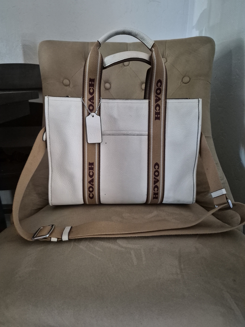 Coach White Leather Messenger Tote with Tan Logo Straps